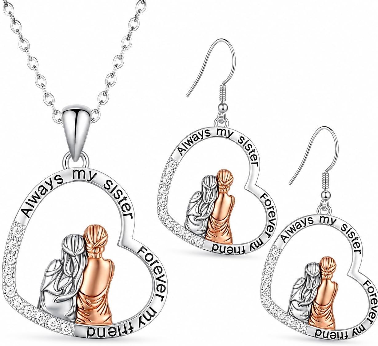 SUPAC 3PCS Sister Love Heart Necklace & Earrings Set - White Gold Plated