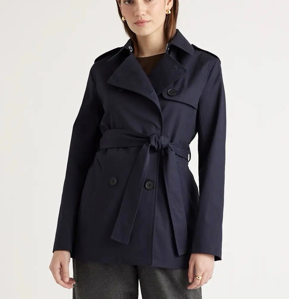 Quince Comfort Stretch Short Trench Coat Navy Water Resistant, Women\'s M