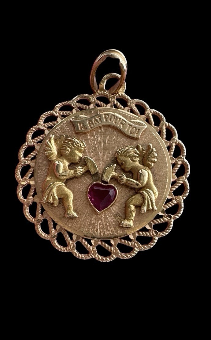 Vintage French ' Il Bat pour Toi ' Love Pendant, Signed, 18k Gold,