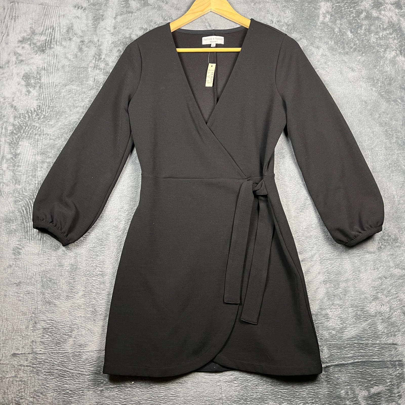 Madewell Texture & Thread Dress Womens S Black Faux Wrap Balloon Sleeve Side Tie Madewell Texture & Thread Dress Womens S Black Faux Wrap Balloon Sleeve Side Tie