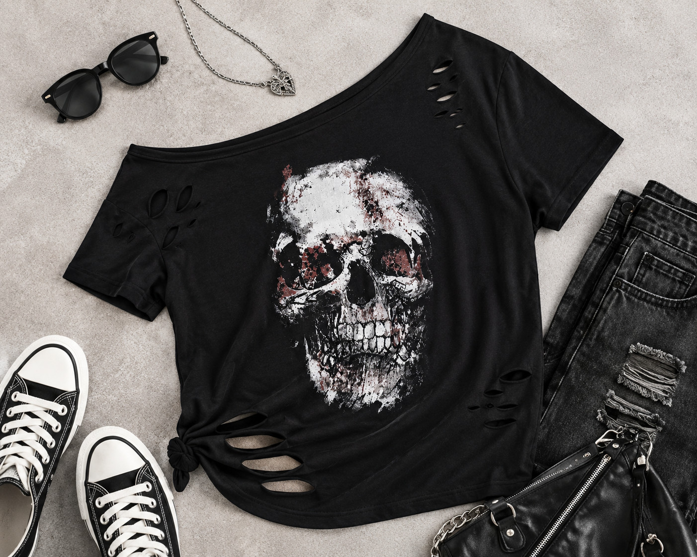 Women\'s Graphic Distressed Skull Off Shoulder Fashion Top Grunge Graphic Tee