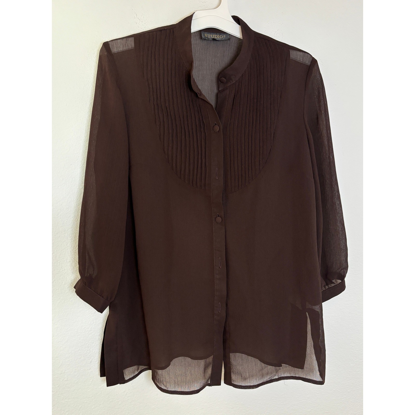 Studio I Brown Sheer Pleated Bib Button Down Blouse Mandarin Collar Size 10