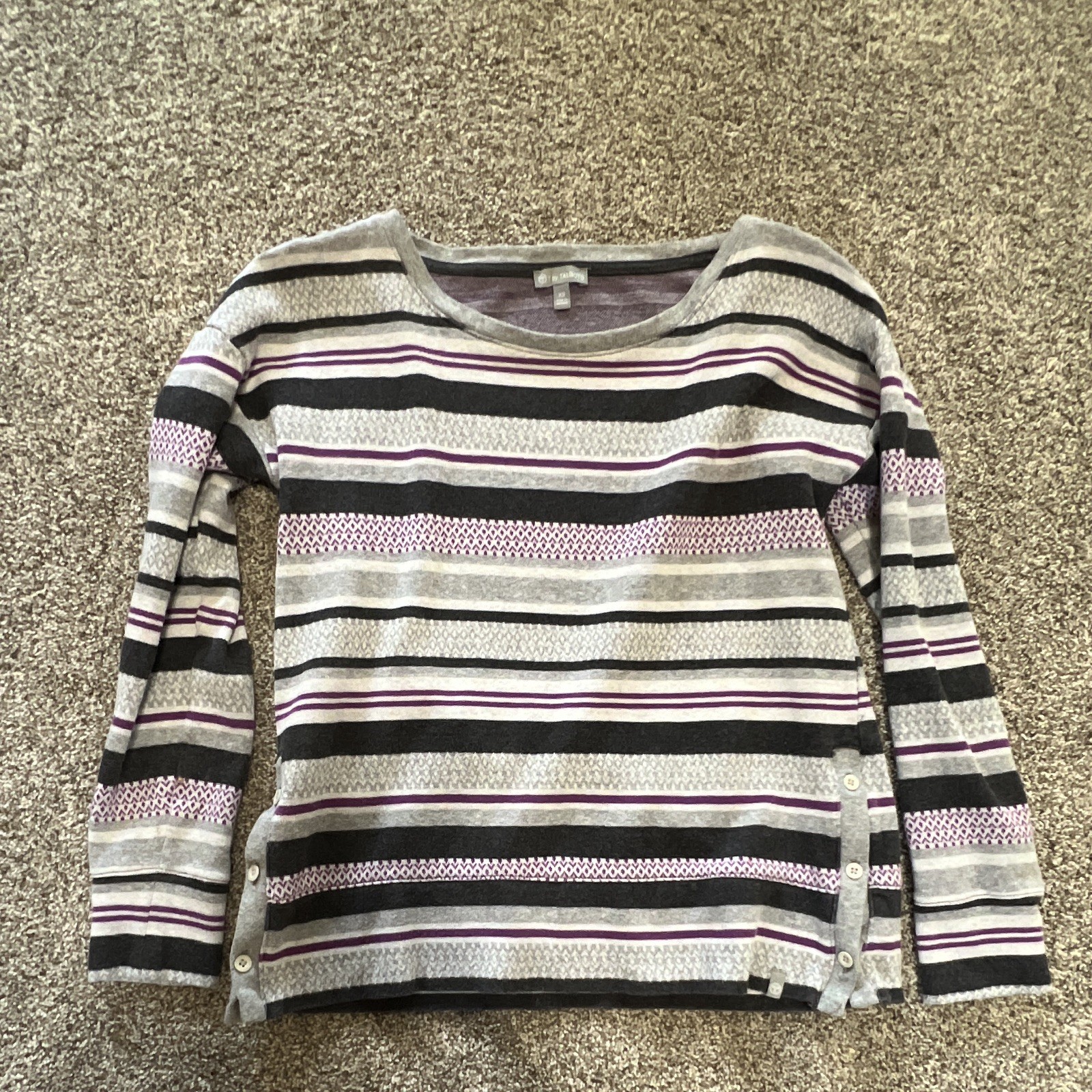 T by Talbots Women\'s XS Gray Purple Black White Striped Round Neck Button Knit
