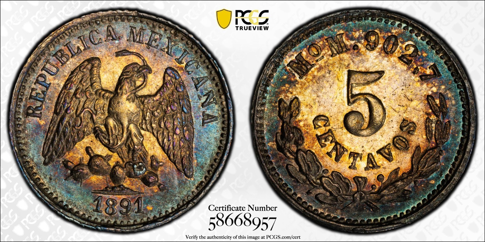 1891 Mo M Mexico 5 Centavos PCGS MS 63 Gorgeously Toned, Choice Eye Appeal 1891 Mo M Mexico 5 Centavos PCGS MS 63 Gorgeously Toned, Choice Eye Appeal