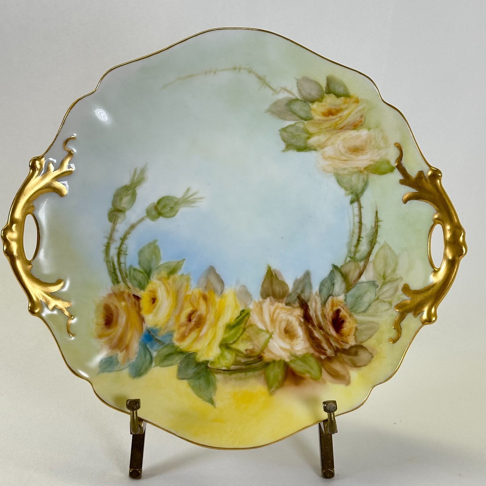 Antique D&C Limoges France Hand Painted Yellow Roses Cake Plate 1894-1900