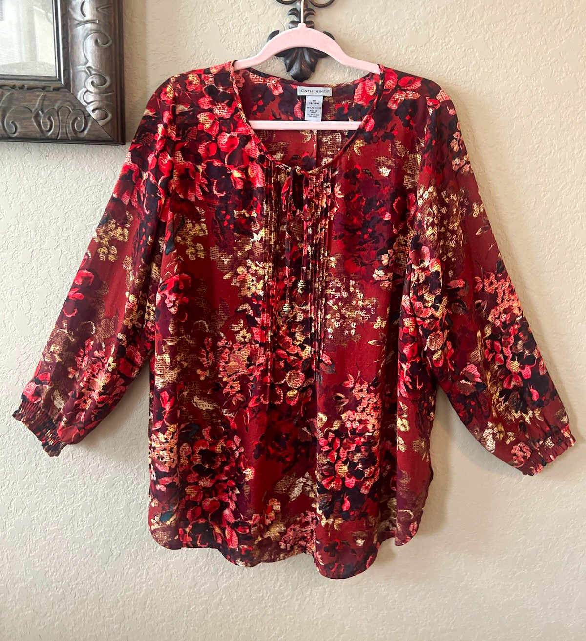 Catherines Women’s Plus Blouse 0X Red Burgundy Floral Woven Tie Neck 3/4 Catherines Women’s Plus Blouse 0X Red Burgundy Floral Woven Tie Neck 3/4