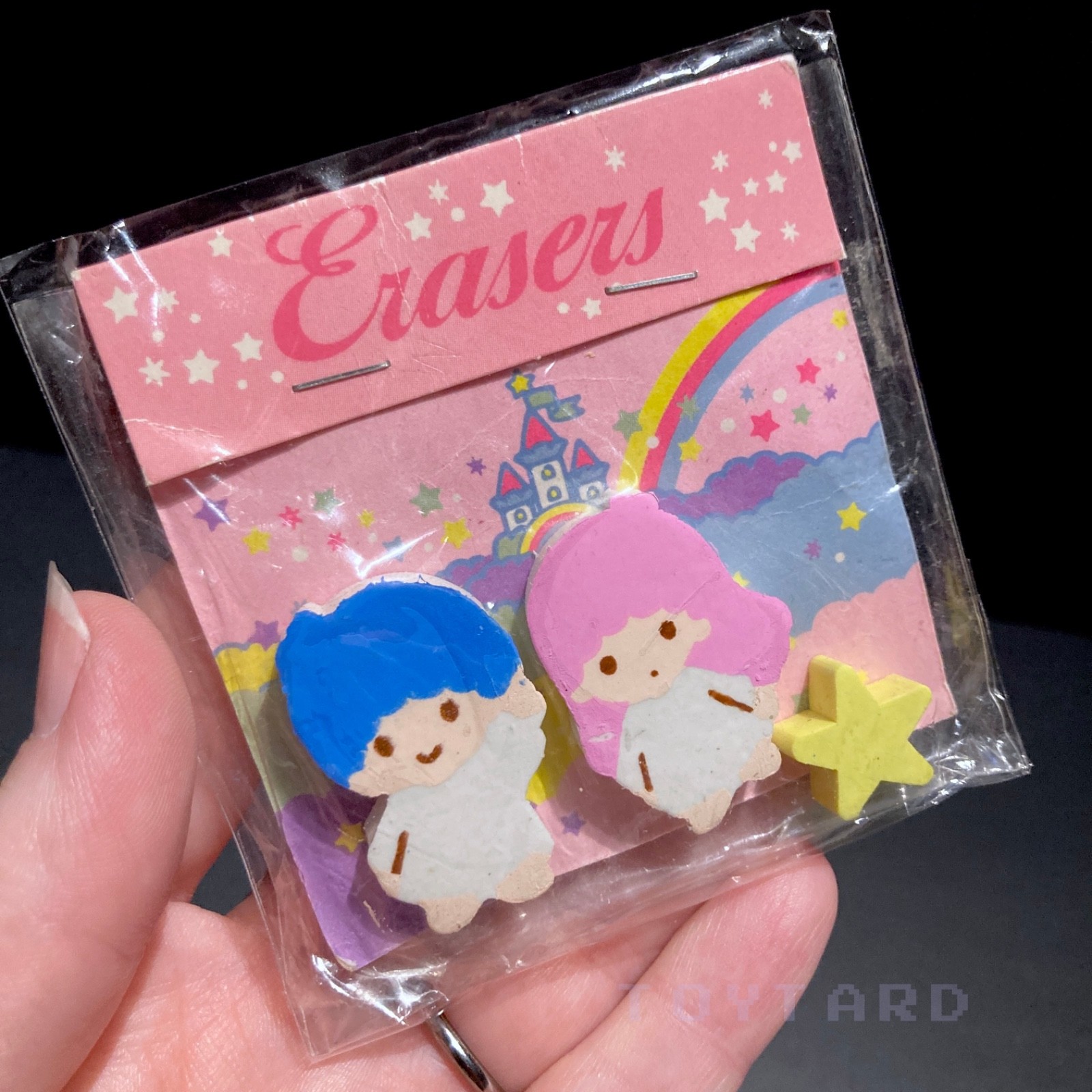 VTG Sanrio Little Twin Stars Kiki Lala Mascot Diecut ERASERS Sealed NOS 1992 90s