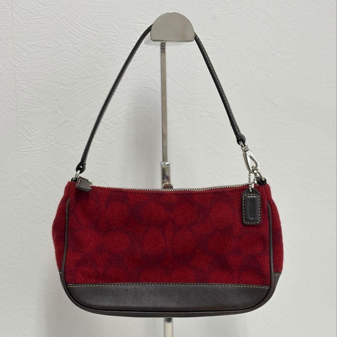 COACH 7720 Red Dark Brown Signature Felt Leather Accessory Pouch Handbag COACH 7720 Red Dark Brown Signature Felt Leather Accessory Pouch Handbag