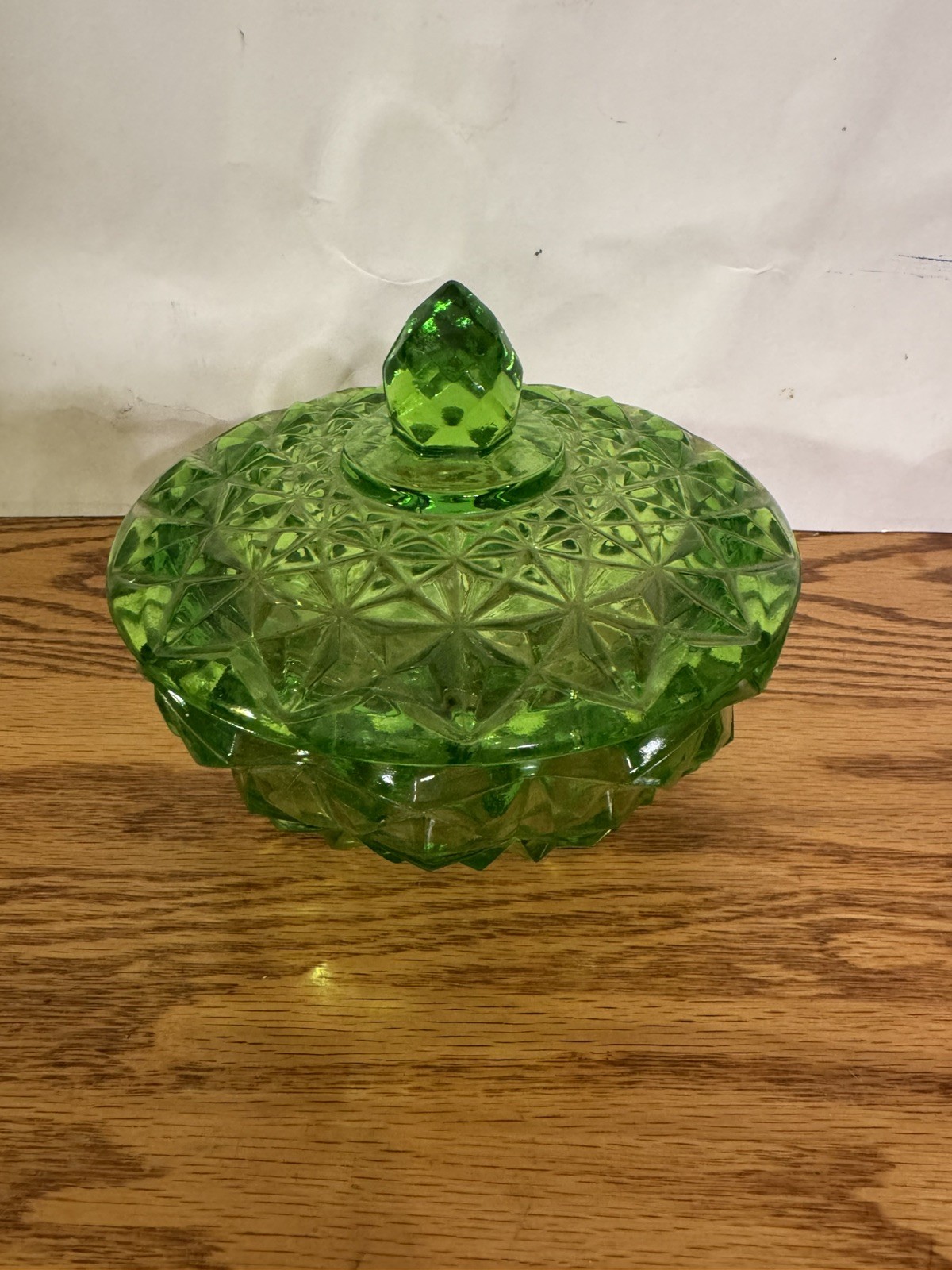 Vintage Emerald Green Crystal Cut Diamond Pattern Glass with Lid