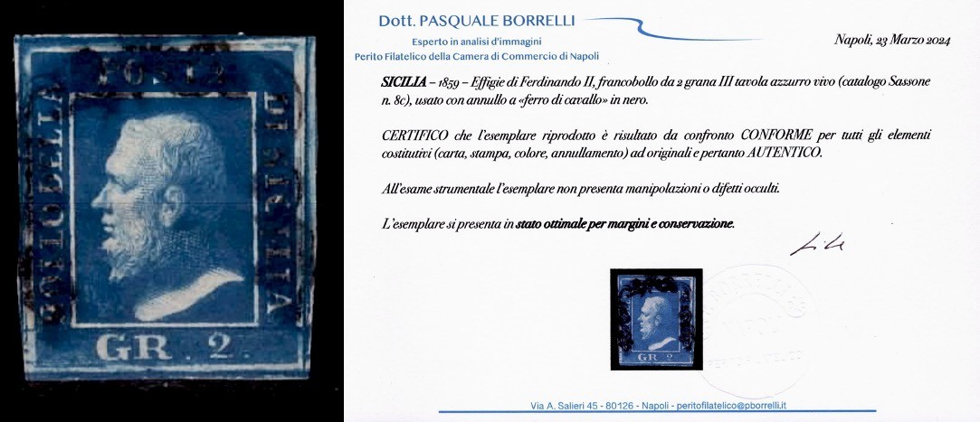 SICILY 1859 - 2 GRAIN of the 3^ table LIVE BLUE used UNC certified