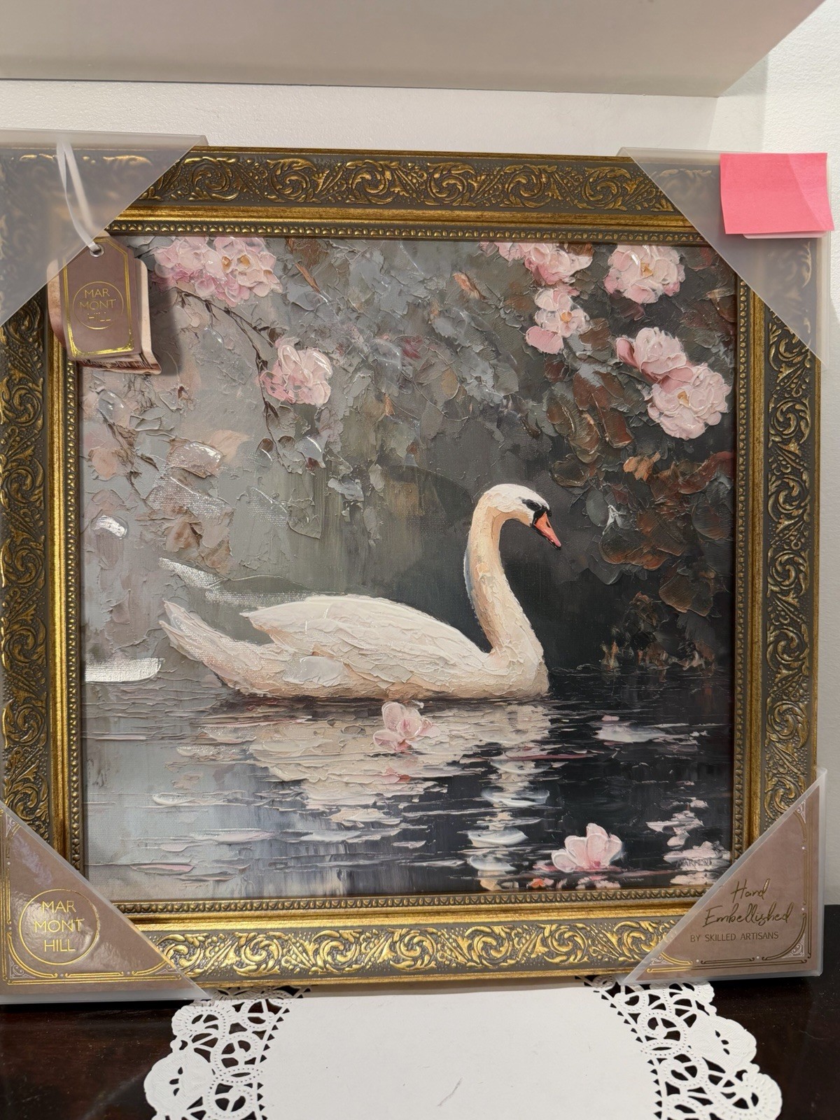 Viral Marmont Hill Swan Floral Square Gold Framed Wall Art Painting 15 X 15 Inch