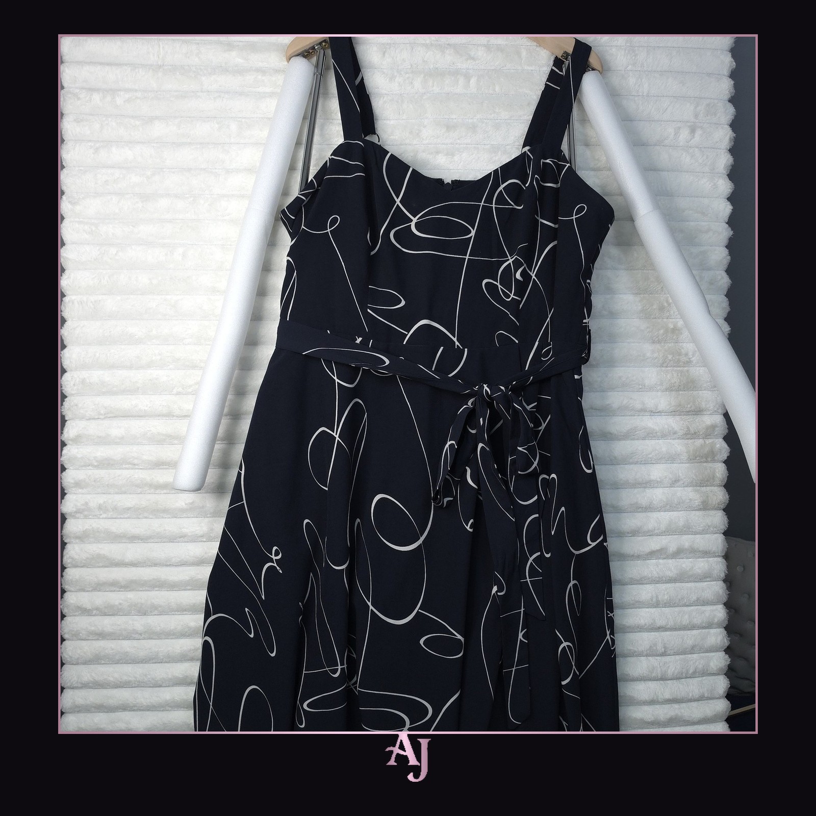 Black Sleeveless A-line Dress White Abstract Pattern Midi Length