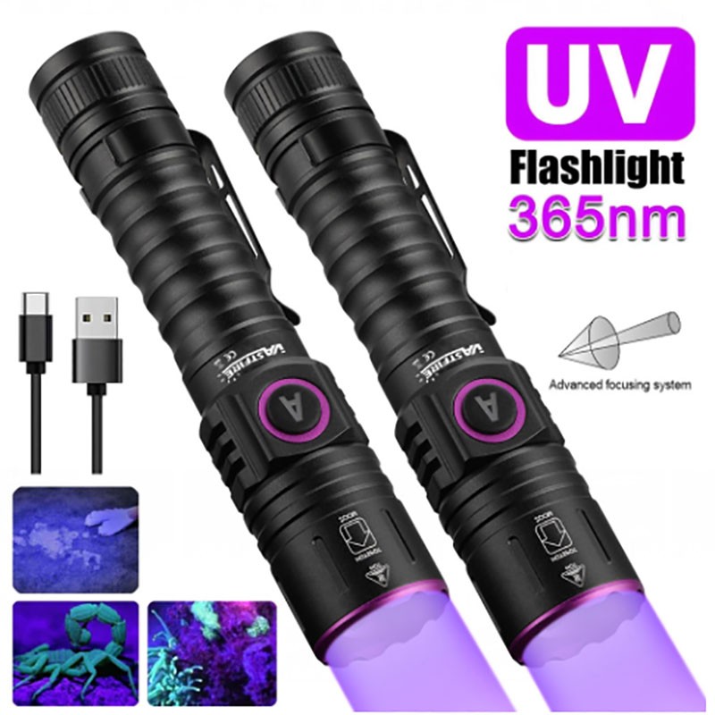 2X 365nm UV LED Flashlight Blacklight USB Rechargeable Detector Torch Lamp Zoom