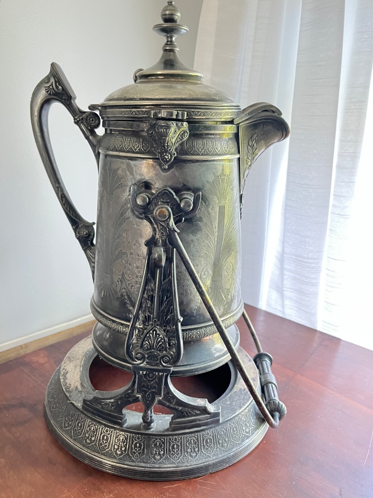 Antique Reed & Barton SilverPlate Tilting Water Pitcher on Stand & Liner, C.1848