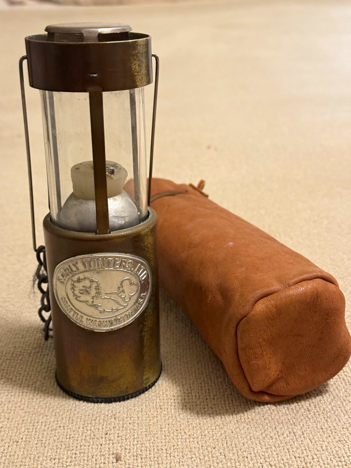 Early Winters Ltd Vintage Brass Mining Safety Lamp Lantern w/ Leather Case