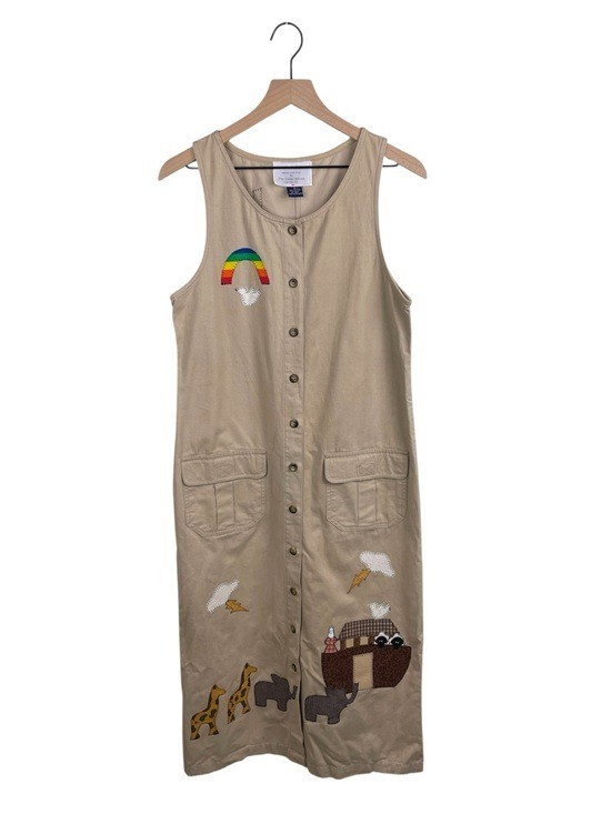 Vintage 90s Handmade Embroidered Cargo Maxi Dress Size Small Noah\'s Ark Rainbow