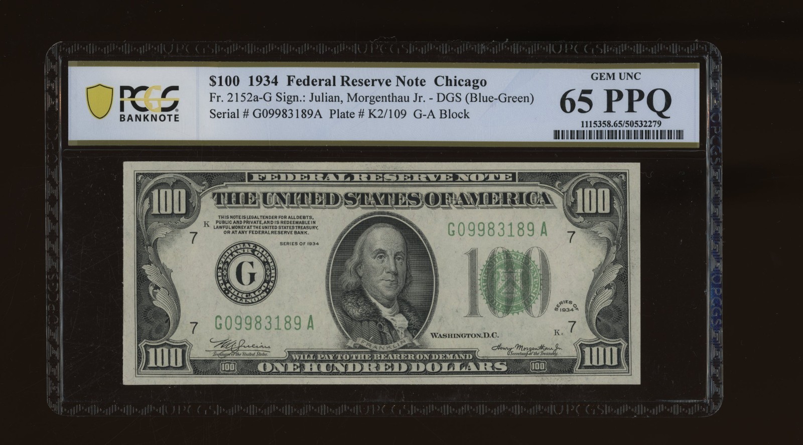 DBR 1934 $100 DGS FRN Chicago Gem Fr. 2152-Gdgs PCGS-B 65 PPQ Serial G09983189A