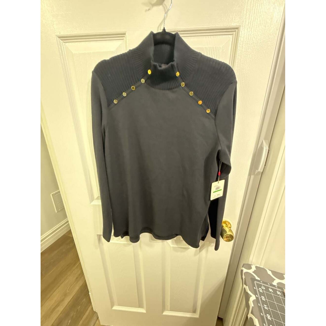 Rafaella Black Mock Neck Sweater with Gold Button Shoulder Detail