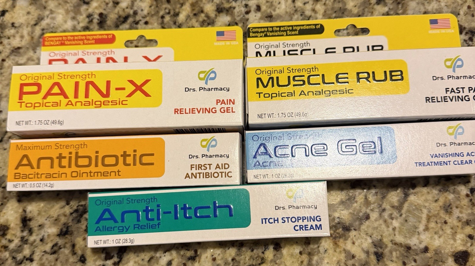 Drs.Pharmacy  5 Pk Acne Cream,Pain-x, Muscle Rub, Anti-itch, Antibiotic Ointment