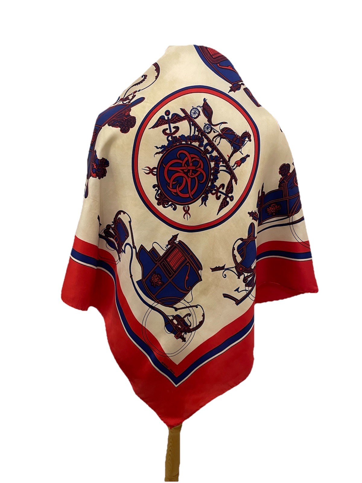 Y2# HERMES Paris Silk Twill Scarf Springs Ledoux Carriage Red Blue Cream Carre