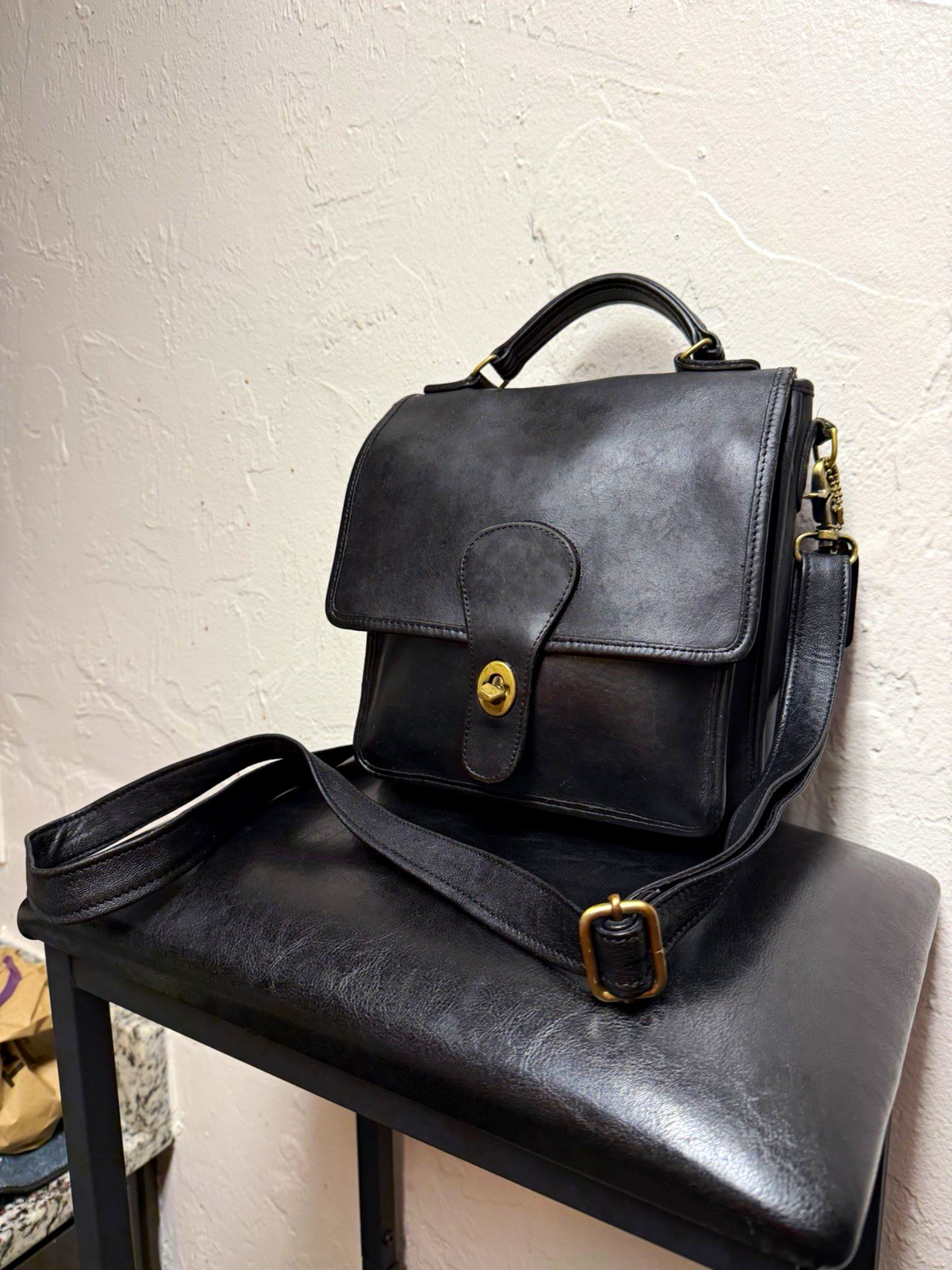 Vintage 80s COACH Black Leather Station Bag #243 Crossbody Purse Brass Turnlock