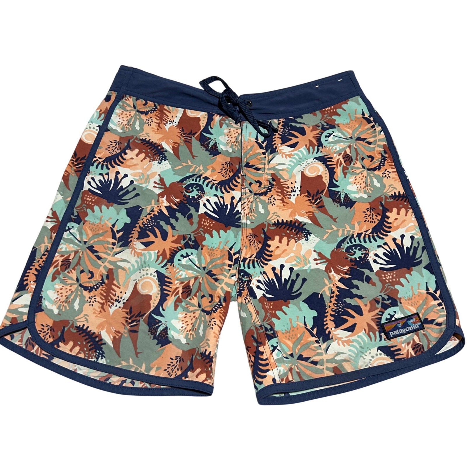Patagonia Board Shorts Mens 32 8in Blue Orange Tropical Sea Life Swim Trunks