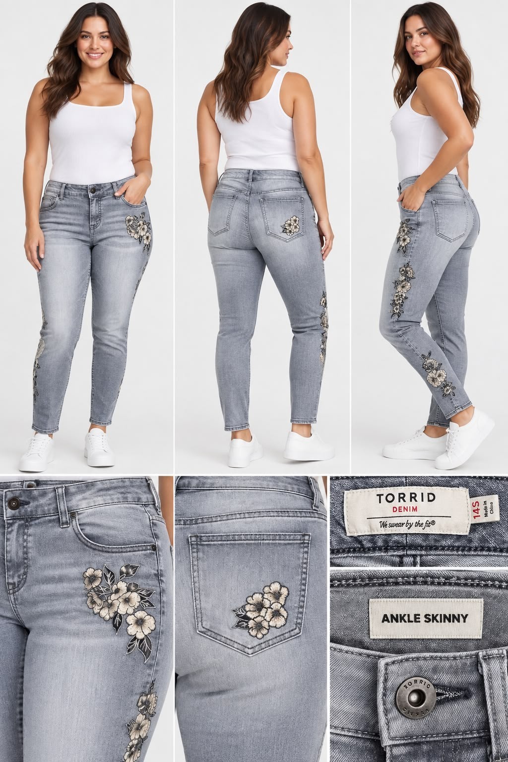 Torrid Women’s 14S Ankle Skinny Jeans Gray Floral Embroidered Stretch Denim Torrid Women’s 14S Ankle Skinny Jeans Gray Floral Embroidered Stretch Denim