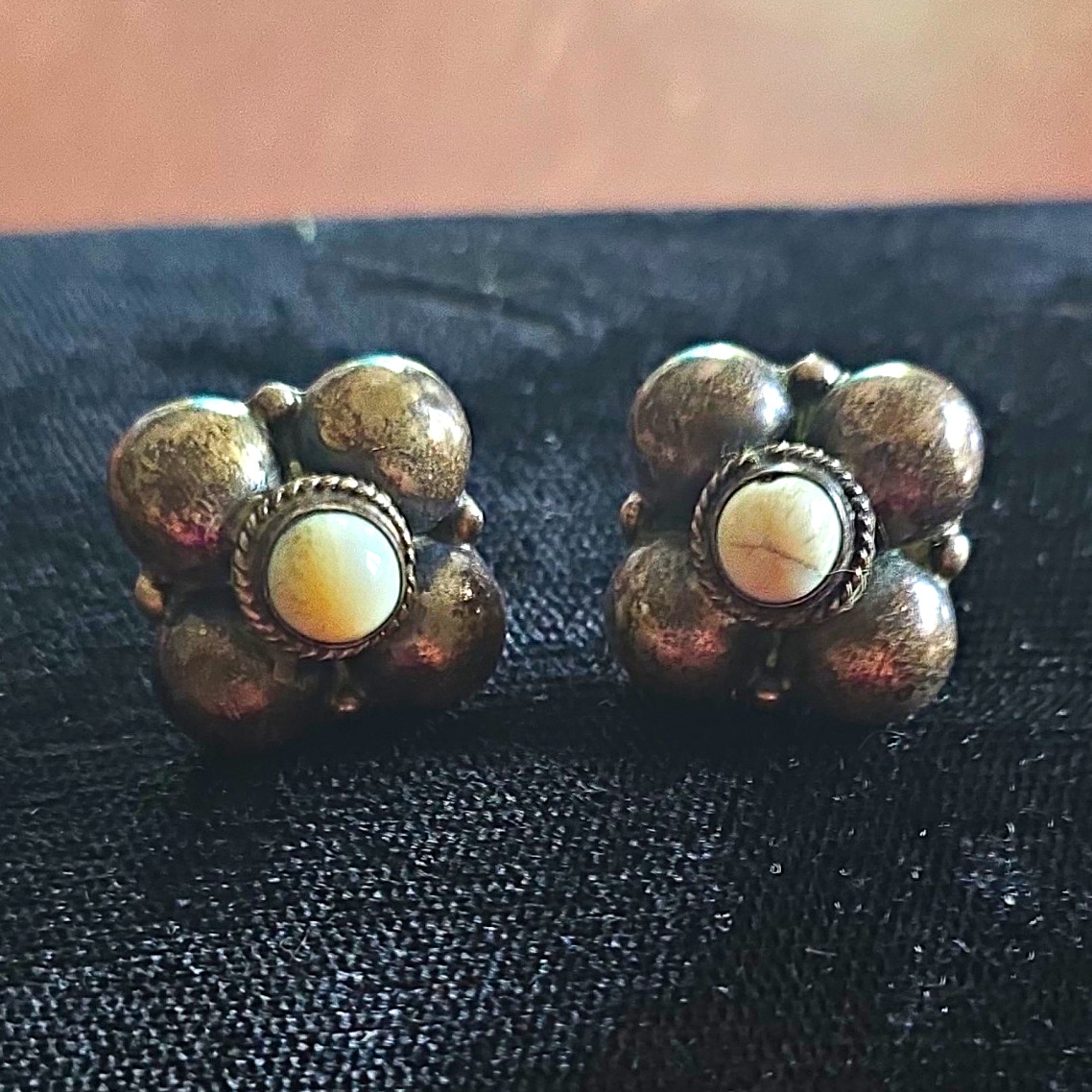 Vintage Native American Sterling Silver Earrings with white Buffalo Ivory Stone.