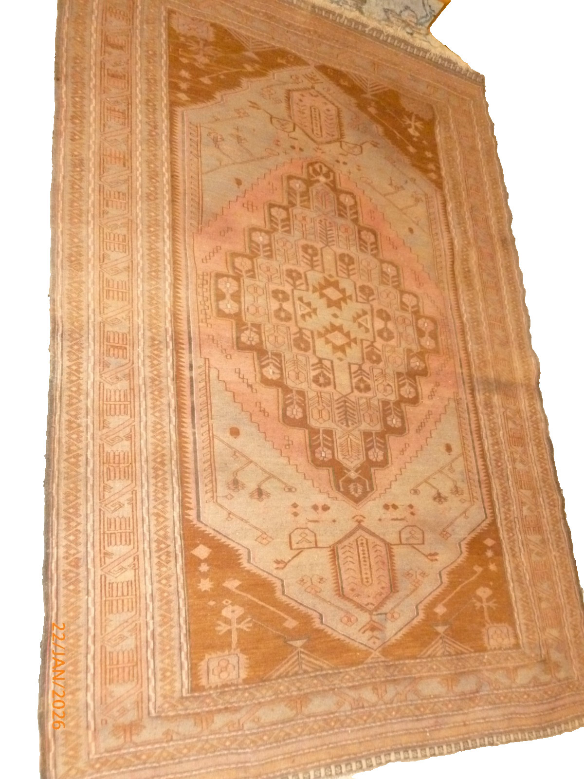 Vintage Turkish Kilim Rug Hand Woven Wool Geometric Tribal Terracotta Pink