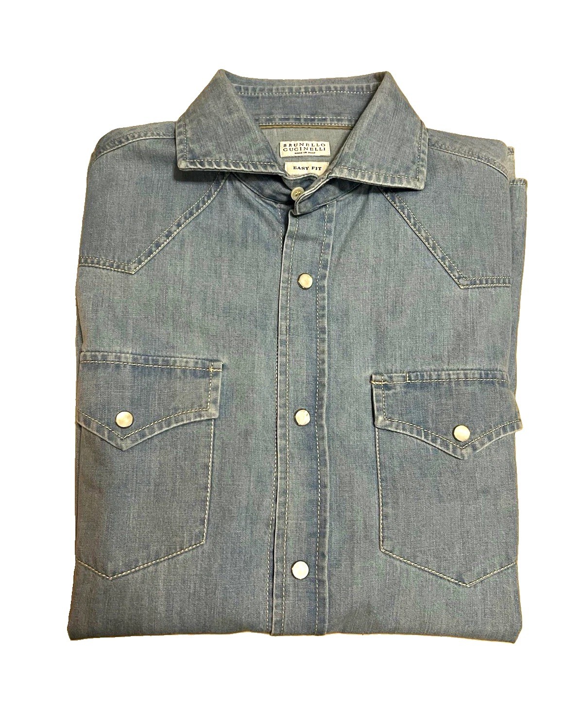Brunello Cucinelli Men’s Easy Fit Blue Denim Snap Button-Up Shirt M Brunello Cucinelli Men’s Easy Fit Blue Denim Snap Button-Up Shirt M