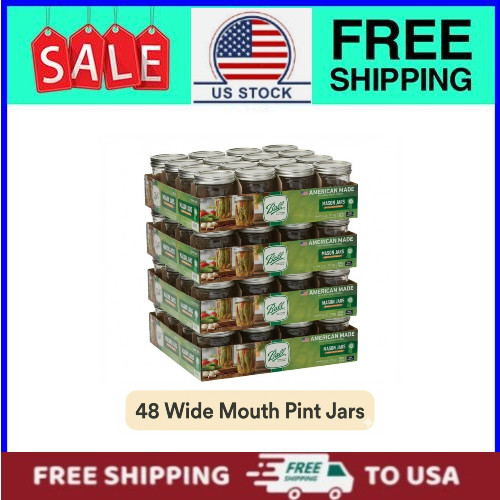(4 pack) Ball, Glass Mason Jars with Lids & Bands, Wide Mouth, Clear, 16oz, 12Ct