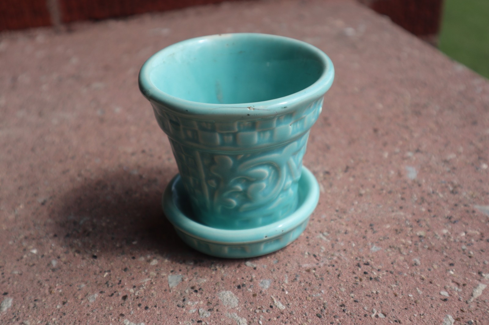 Vintage McCoy Turquoise Flowerpot w/saucer 3.5\