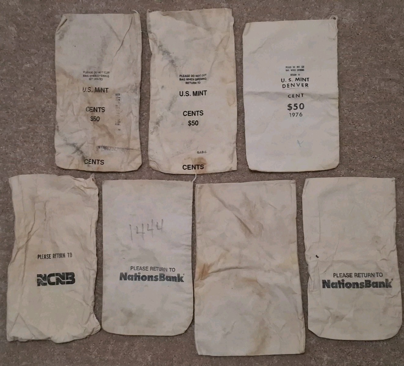 Lot Of 7 US Mint Bags Cent $50 Bags Only National Bank Denver GIDC 1976 Lot Of 7 US Mint Bags Cent $50 Bags Only National Bank Denver GIDC 1976