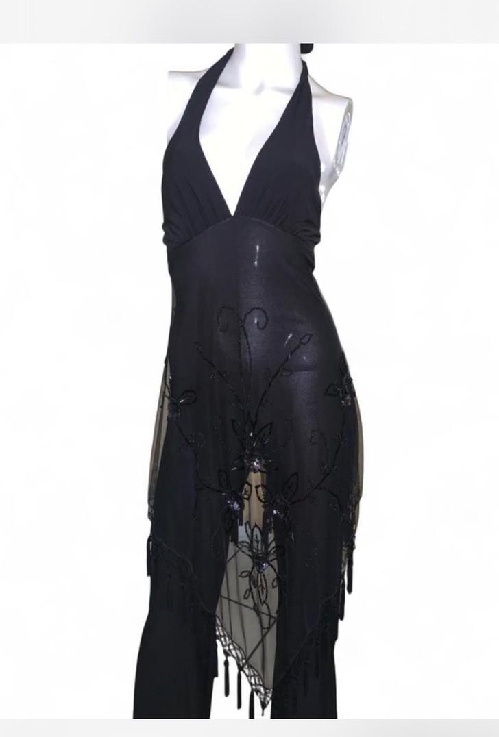 Vintage Janine Sheer Beaded Overlay Black Jumpsuit Made in the USA Size XS