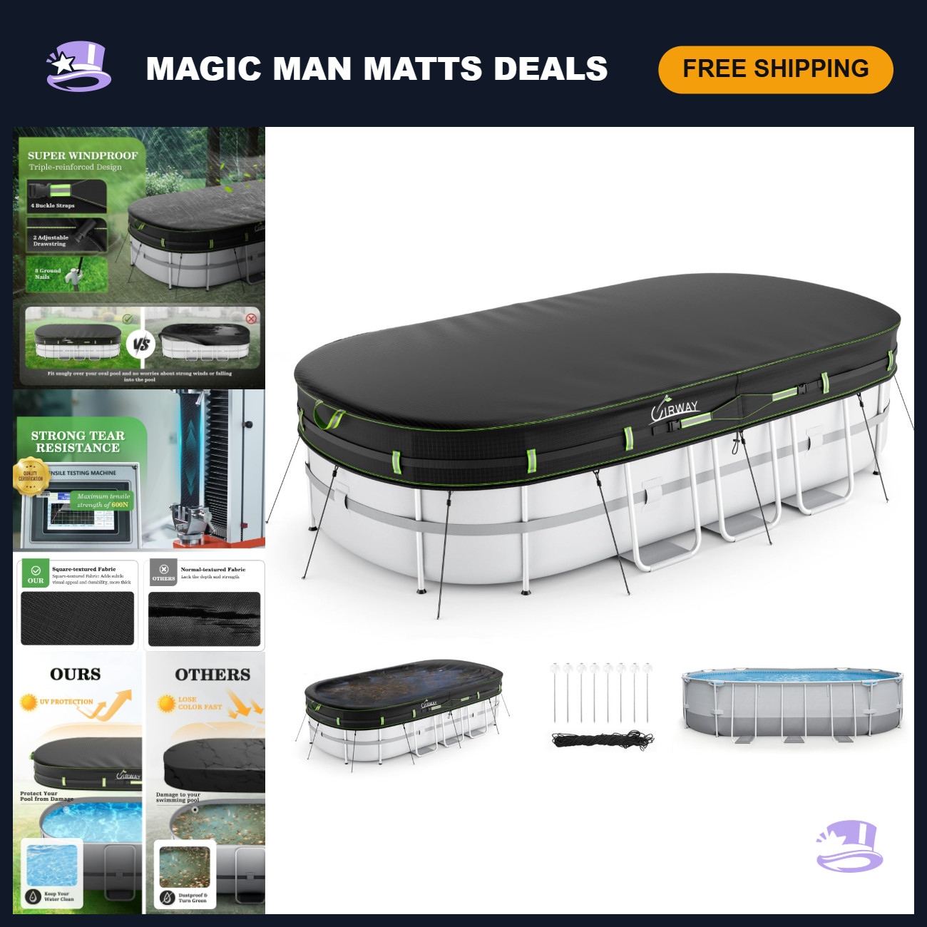 10x16 FT Winter Oval Pool Cover with Reflective Strips - Heavy Duty, Waterproof,