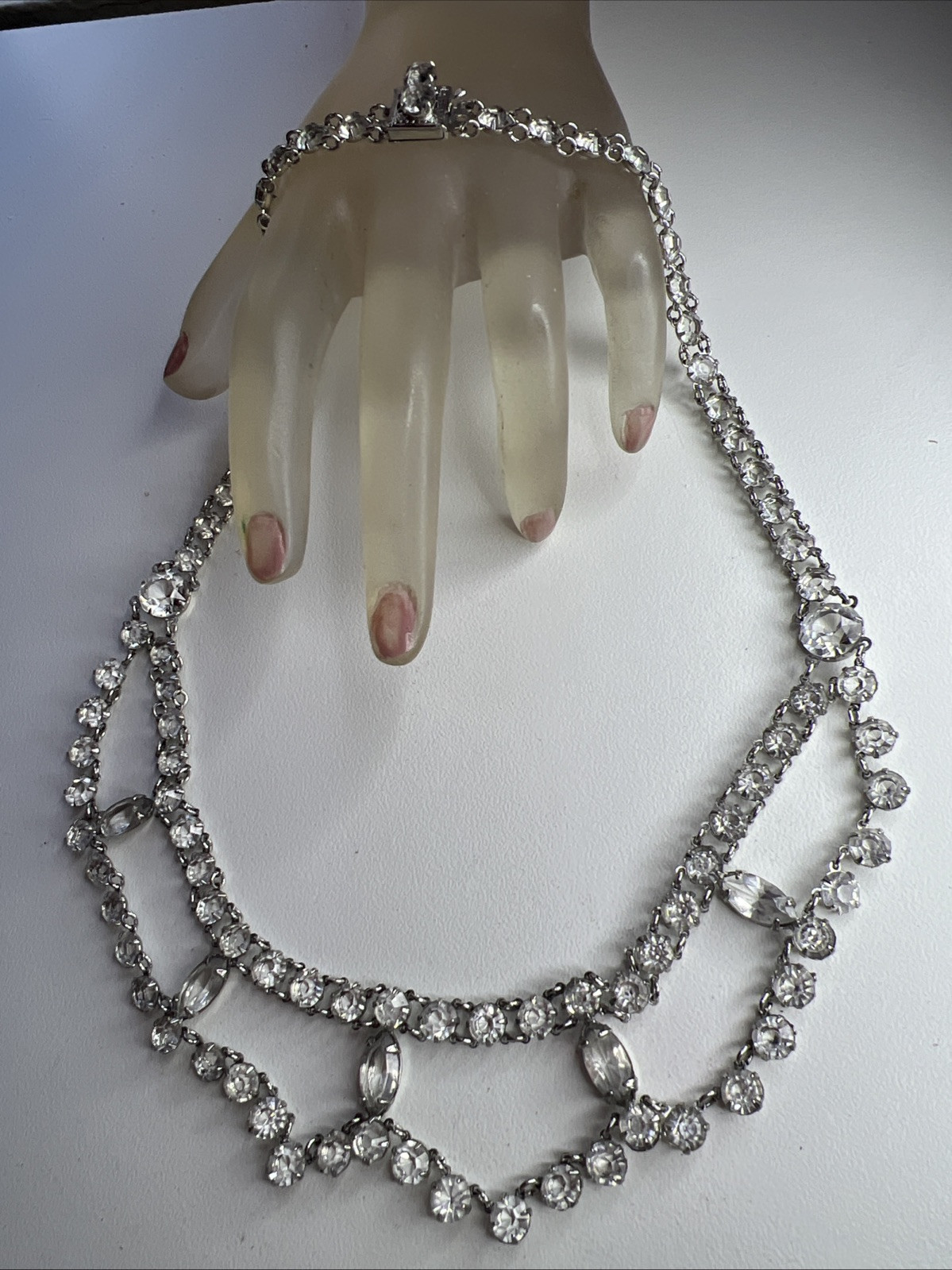 Great Victorian Nouveau Festoon Necklace White Gold Fill GF Bezel Rhinestone