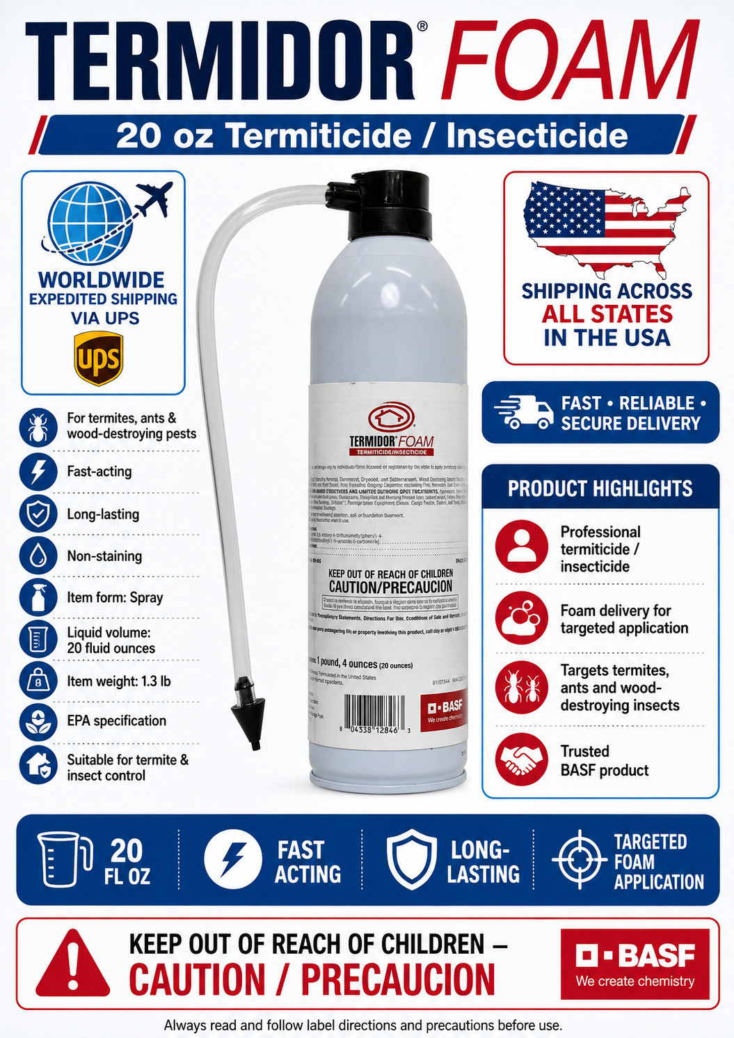 BASF Termidor Foam 20 oz - Termiticide Insecticide for Termites, Ants & Wood