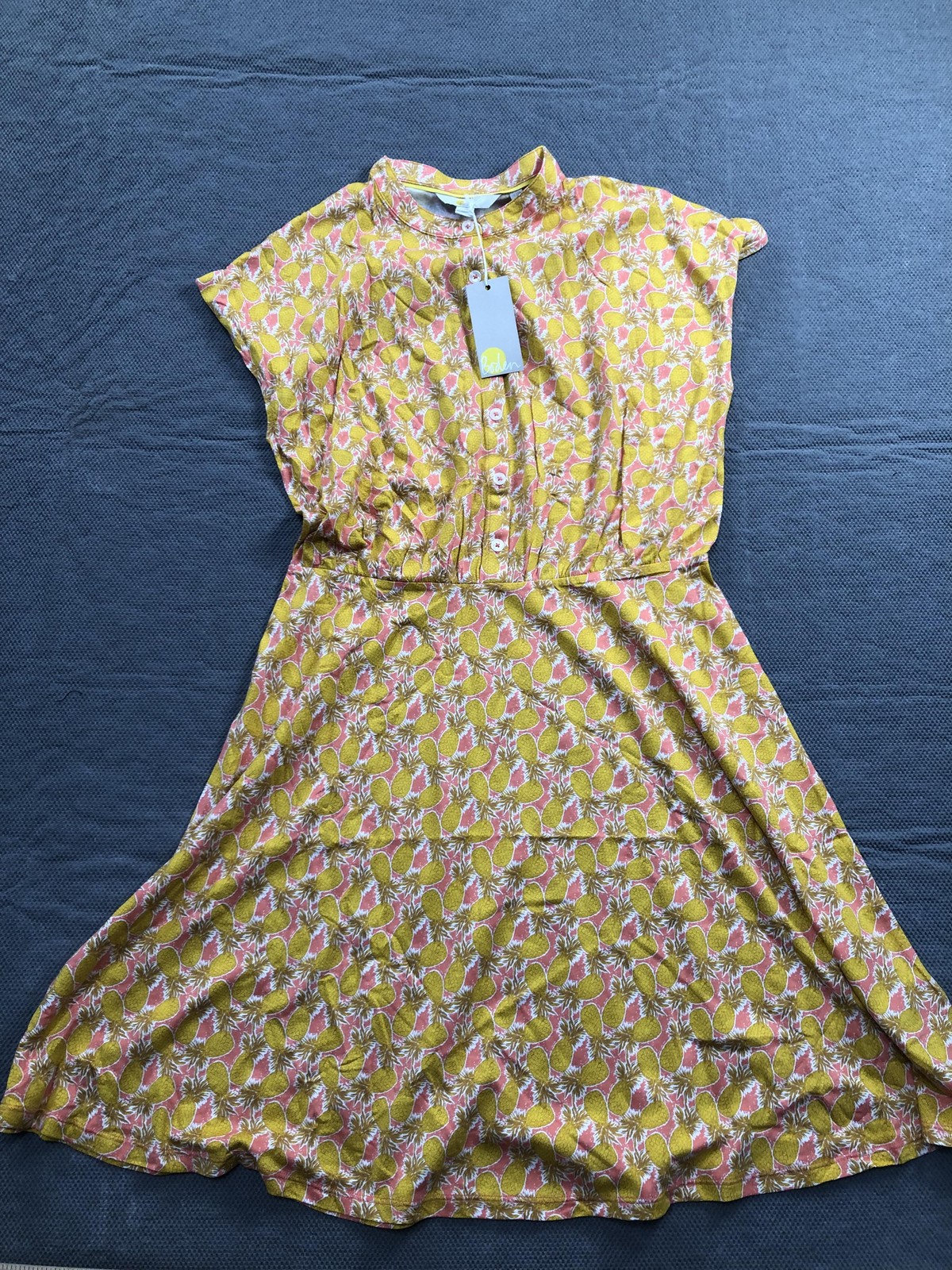 Boden Dress Womens 8 Yellow Pineapple Round Neck Cap Sleeve Fit Flare Midi NWT