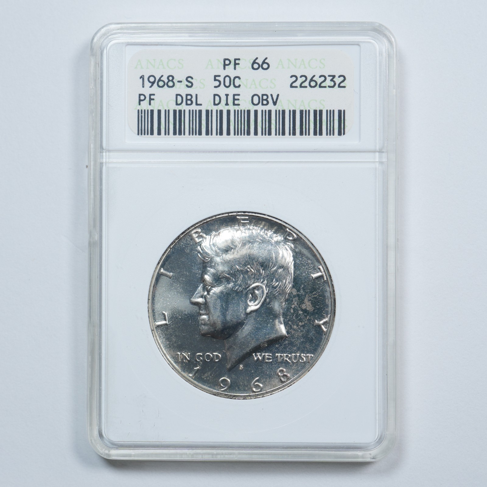 1968-S Proof Kennedy Half Dollar - ANACS Soapbox PF66 - Double Die Obverse DDO 1968-S Proof Kennedy Half Dollar - ANACS Soapbox PF66 - Double Die Obverse DDO
