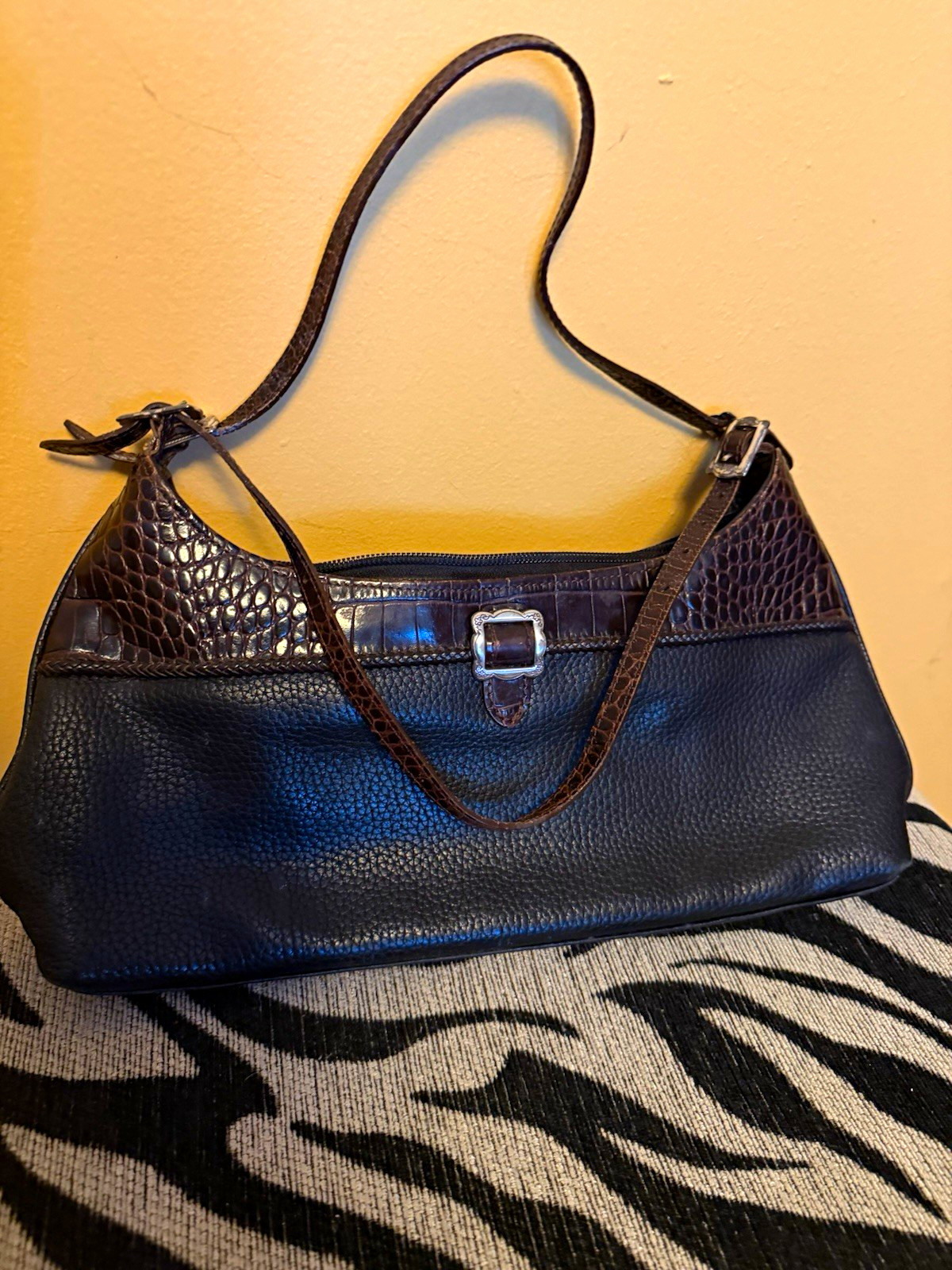 Brighton Women\'s Black/Brown Stripe Shoulder Bag, Zip, Silver Hardware, Medium