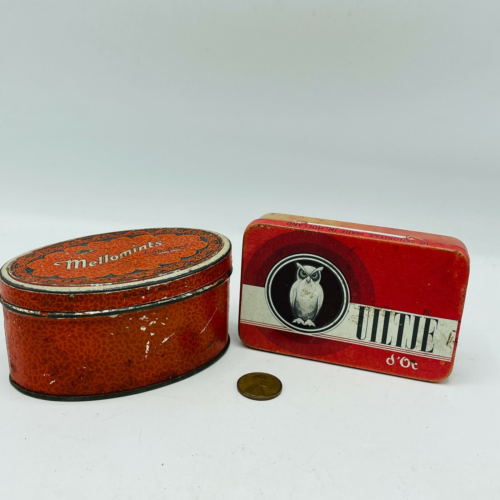 Vintage Tins Ultje D\'or Holland Owl Hinged Tin & Mellomints Brandle Smith 