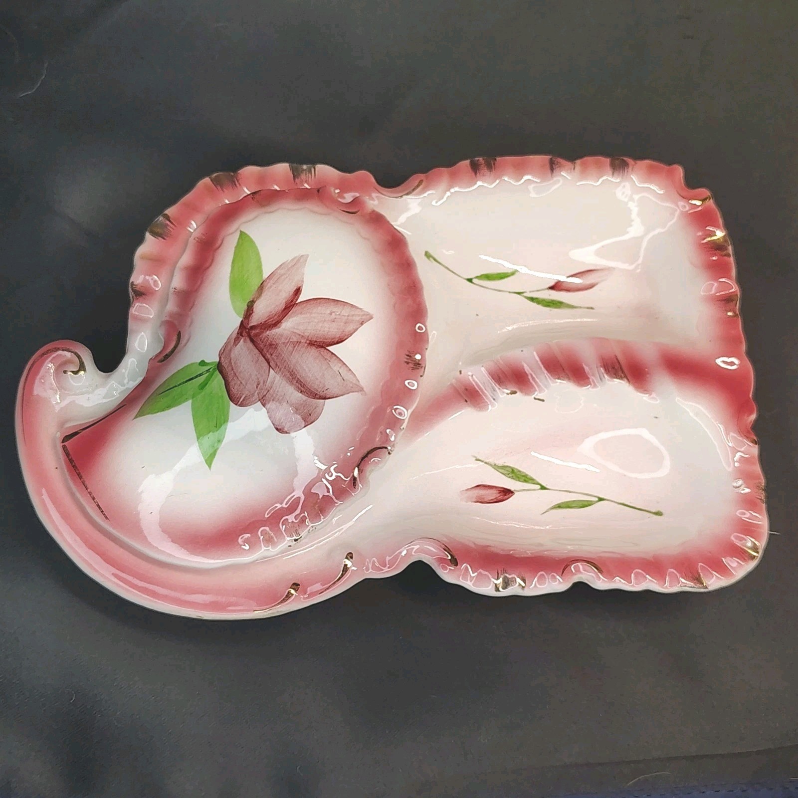 Fairyland Ceramic Vanity Set Ashtray & Trinket Box Pink White Gold Vintage