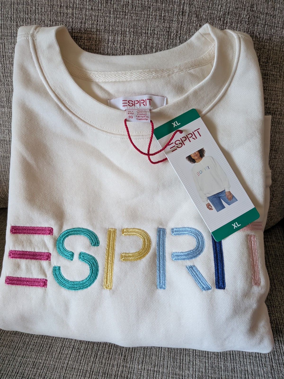 Esprit Women\'s Logo Fleece Crewneck Sweatshirt Cream Viral 80\'s Costco NWT XL 