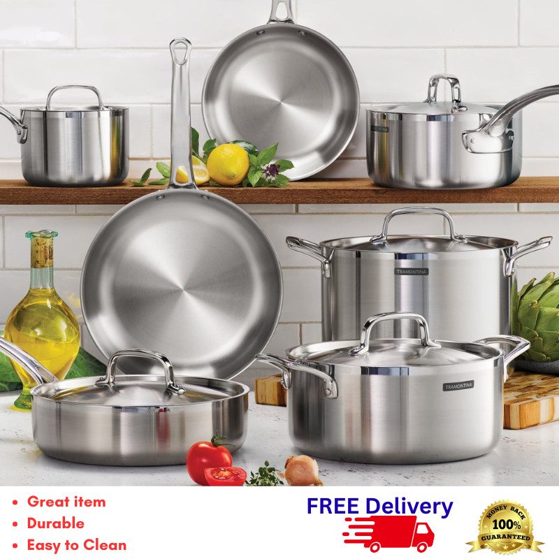 Tramontina 12-Pc Tri-Ply Clad Stainless Steel Cookware Set Pot Pan Lid New Tramontina 12-Pc Tri-Ply Clad Stainless Steel Cookware Set Pot Pan Lid New