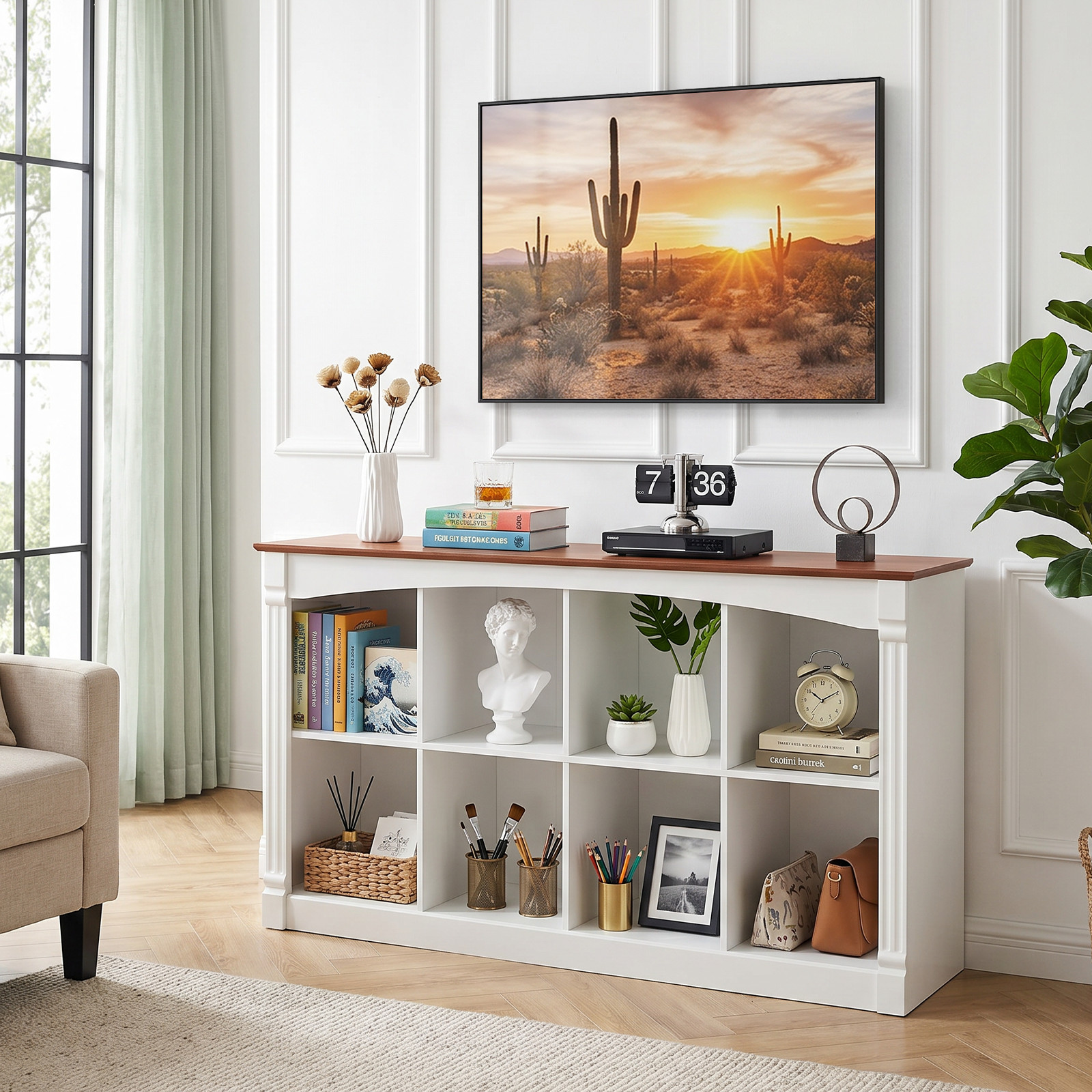 8-Cube Storage Organizer,Two-Tone Wood 2-Tier Cube Bookcase with Moldings
