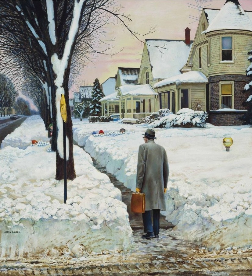 John Falter : Snowball Fight :  Mid-Century Americana Winter Scene Print