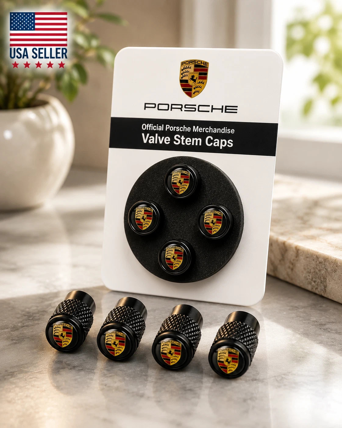 Genuine Porsche Premium OEM Tyre Valve Dust Caps (4x) in Gloss Black