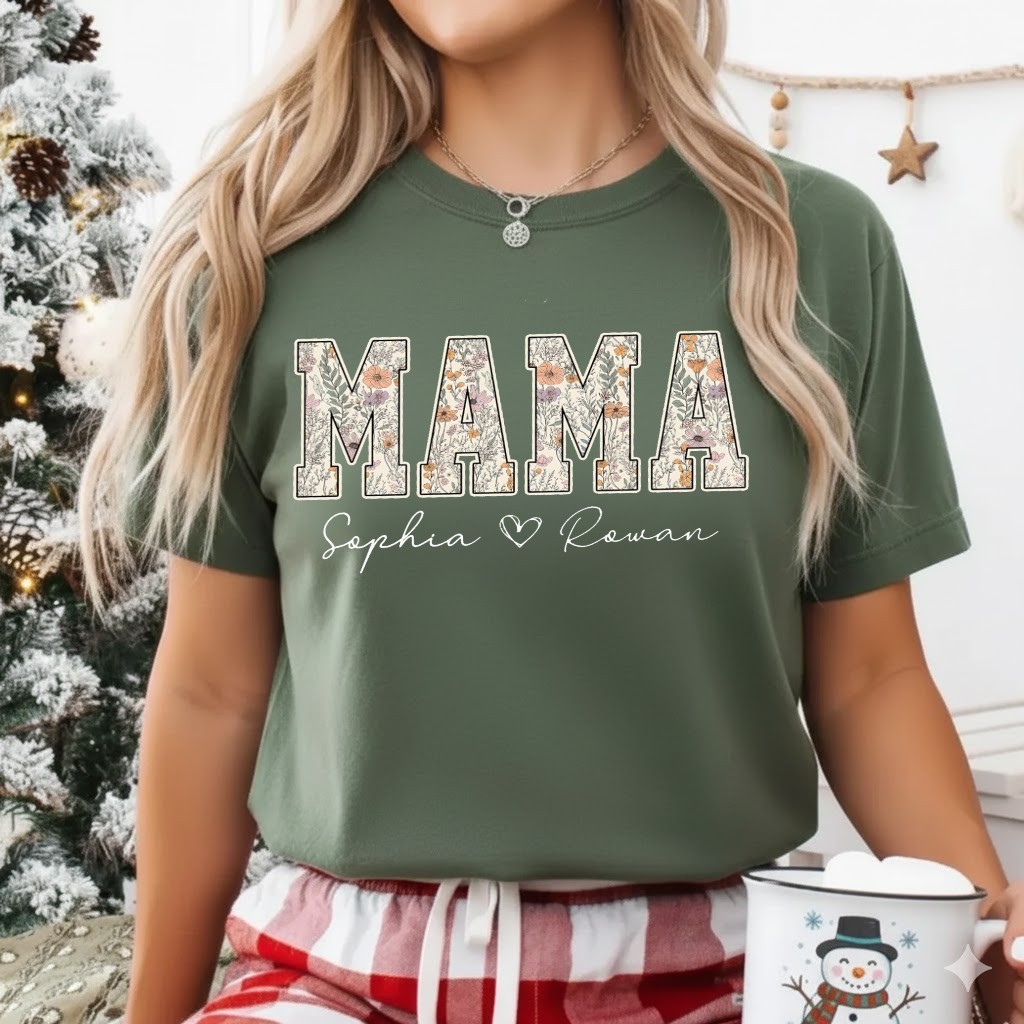 Personalized Floral Mama Shirt with Kids Name, Mother’s Day Shirt for Women