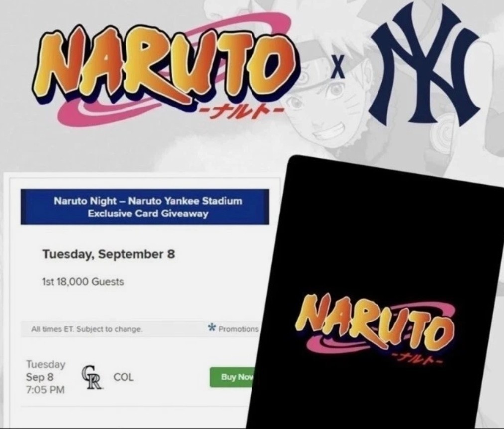 Naruto X NY Yankees SGA TCG Promotional Card Bandais PRE SALE 9-8-2026 Naruto X NY Yankees SGA TCG Promotional Card Bandais PRE SALE 9-8-2026
