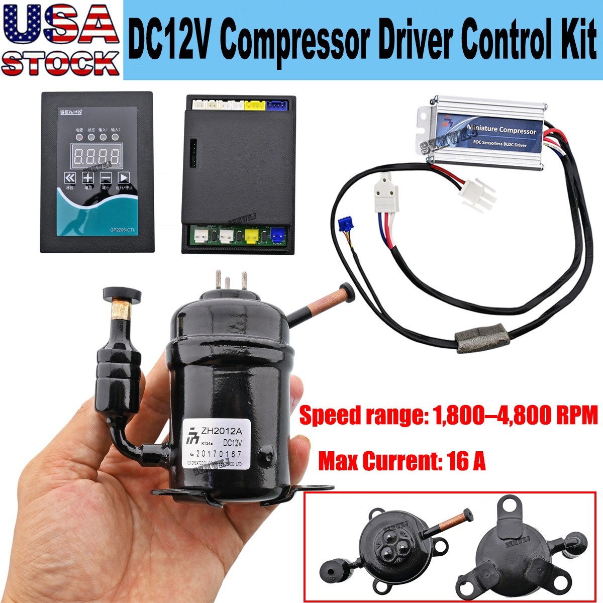 12V DC 16A ZH2012A Mini R134a BLDC Refrigeration Compressor FOC Lab Cooling DIY